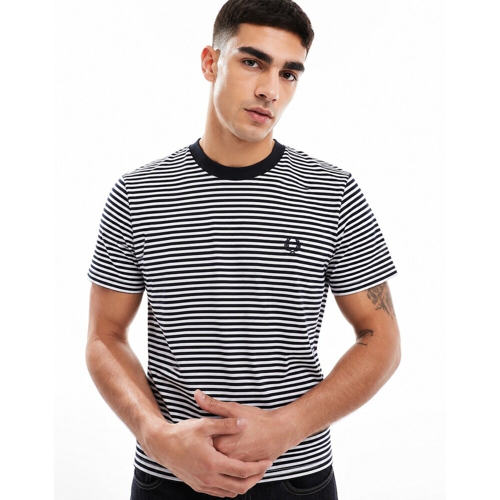 Fred Perry Fine Stripe T-Shirt Navy White Crew Neck Laurel Logo Men's M Preppy